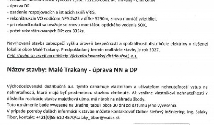  VSD „Malé Trakany - úprava NN a DP“