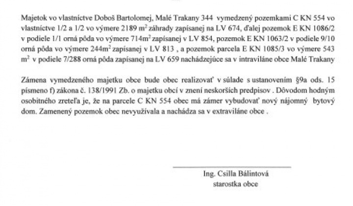 Fotka - Zámer zámeny majetku obce Malé Trakany