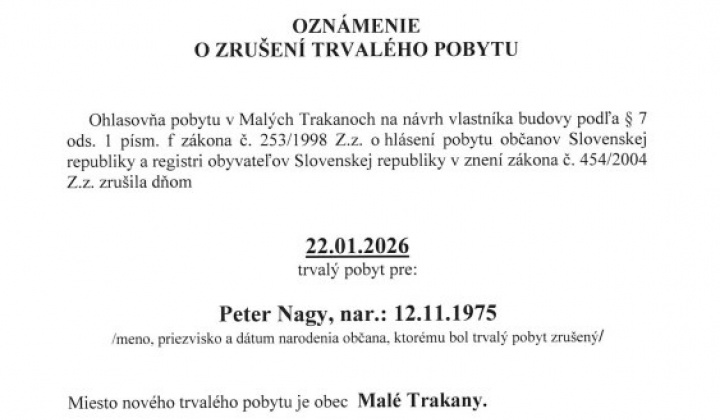 Fotka - Oznámenie o zrušení trvalého pobytu